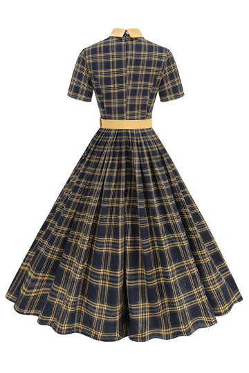 Sort Plaid A-linje Peter Pan Krave Midi 1950'er Kjole